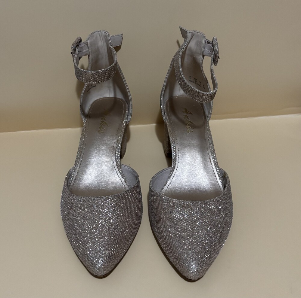 Aukis Silver Glitter Ankle Strap Sandal Size 7 Block Heel